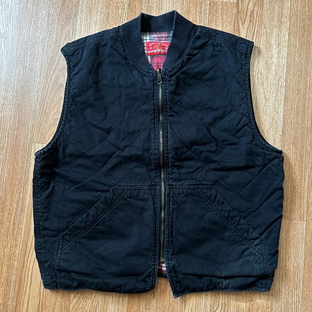 Vintage Marlboro Country Store Quilted Vest Black Flannel Lined Mens XL Canvas